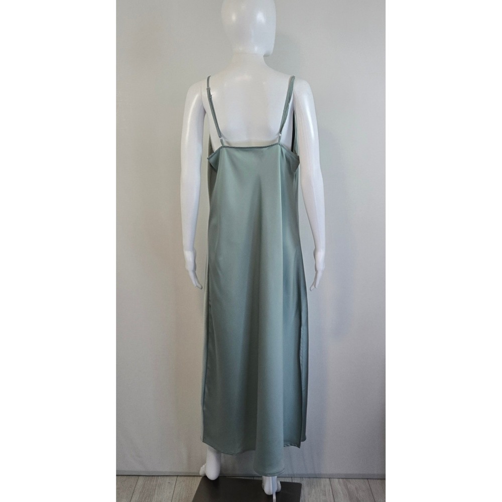 Women Sage Green Satin Cowl Neck Slip Dress and Mesh Duster Set Large - Picture 4 of 12